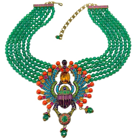 Heidi Daus Far Cry From Shy 6 Strand Green & Coral Bead Crystal Scarab Necklace - Picture 3 of 12